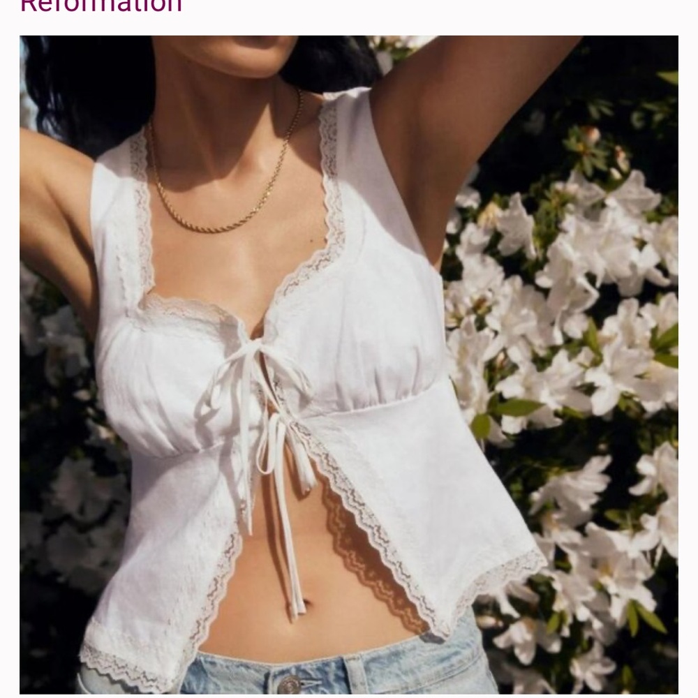 Reformation | Rosalie 100% Linen Floral Tie Top in White | worn once!